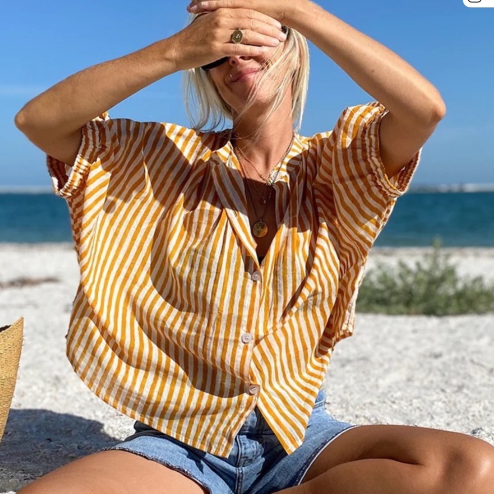 EMERSON FRY Mandarin Collar Top Oversized Boxy Marigold Yellow Stripe Blouse OS - Picture 7 of 7